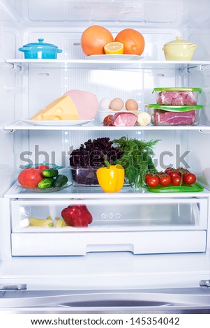 The food in the refrigerator. Royalty-Free Stock Photo #145354042