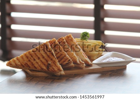 Sandwich and fries served with Ketchup, veg sandwich,  Royalty-Free Stock Photo #1453561997