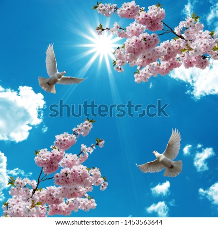 sunny sky with pink tree leaves and pigeons