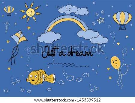 cute hand drawn vector doodle with rainbow, cloud, stars, sun, fish, kite, club fish, balloons concept for kids 
