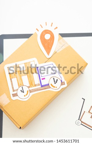 Delivery service. The transportation system has a red location sign, a hand-drawn transport car, note paper, notebook. White background.
