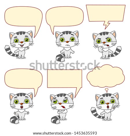 Set of funny kitty cat in different poses and emotions with speech bubbles