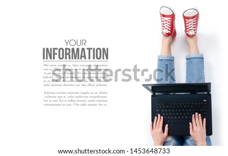 Woman sitting on white floor background. Using working with laptop, pattern. Top view. Flat lay.