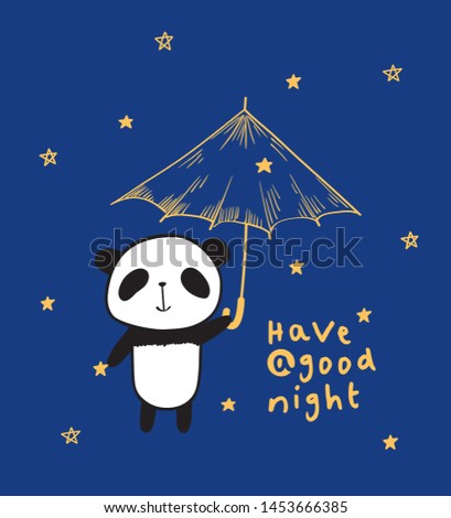 Have a good night. Cute panda with umbrella and gold stars. Hand drawn illustration for your design. Doodles, sketch. Vector.