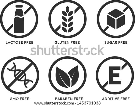 Set of icons: Gluten Free, Lactose Free, GMO Free, Paraben, Food additive, Sugar free. Vector illustration.
