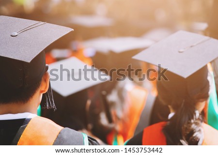 backside graduation hats during commencement success graduates of the university, Concept education congratulation. Ceremony ,Congratulate the during commencement. Royalty-Free Stock Photo #1453753442
