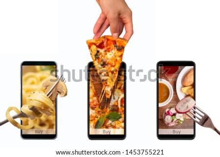 Order and deliver food online. Eat from your smartphone. Gadget on white background