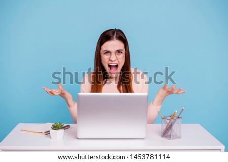 Close up photo beautiful she her lady hands arms raised air foxy head sit desk table notebook office workplace yelling loud loser epic fail wear casual pastel pullover isolated bright blue background