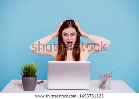 Close up photo beautiful she her lady hands arms foxy head sit desk office workplace workstation look notebook yell epic fail loser wear casual pastel warm pullover isolated bright blue background