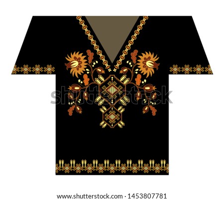 Vector clipart, design for embroidery shirt. Golden flowers and folk ornament. Black and gold floral template