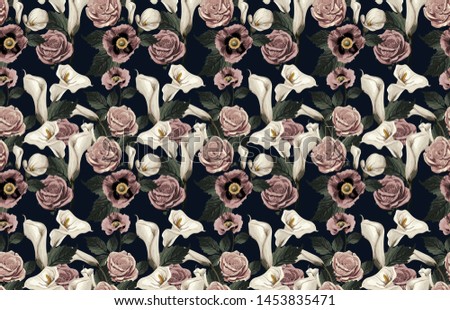 Elegant pattern of blush toned rustic flowers isolated in a solid background great for textile print, background, handmade card design, invitations, wallpaper, packaging, interior or fashion designs.