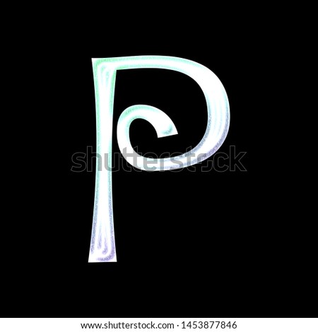 Colorful light glowing letter P in a 3D illustration with a bright teal green & purple color shine effect in a fun curly font on a black background with clipping path