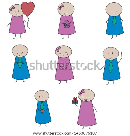 Funny people in love stickers set with red hearts isolated on white background cartoon vector illustration