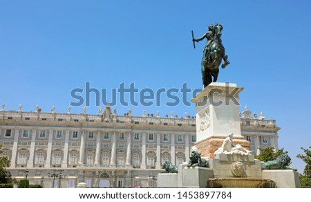 Monument to Philip IV of Spain with Royal Palace of Madrid on the background, Spain