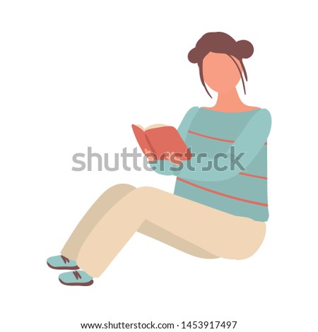 Cute student girl in white pants stay on floor and reading book
