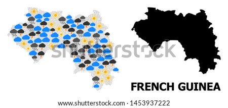 Climate pattern vector map of French Guinea. Geographic composition map of French Guinea is constructed with scattered rain, cloud, sun, thunderstorm. Vector flat illustration for climate news.