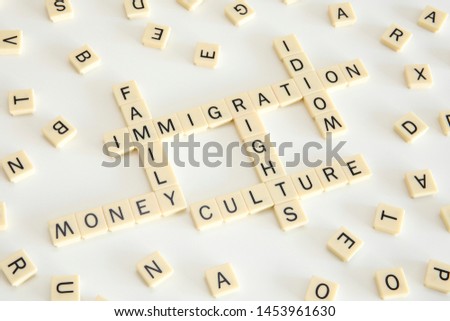 Immigration Conceptual Words. Top View of Connected Letters Game.