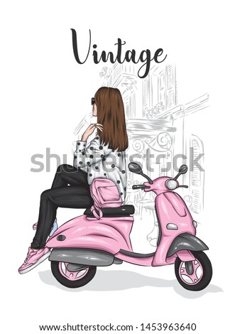 Beautiful girl in a stylish closes sits on a vintage moped. Vector illustration for postcard or poster, print for clothes. Fashion & Style.