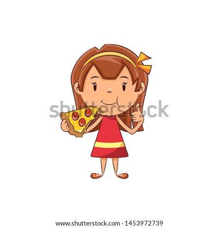 Girl eating pizza showing thumbs up