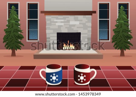 A vector illustration of Two Mugs in Front of Fireplace during Winter Season