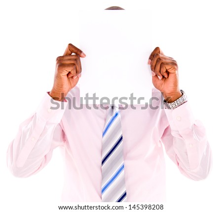 Business man covering his face with a banner - isolated over white
