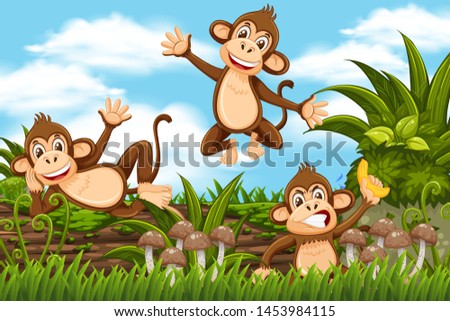 Monekys in jungle background illustration