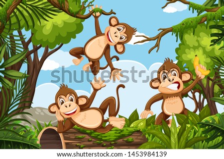 Fun monkeys in jungle scene illustration