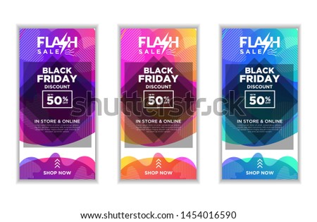 Social Media Stories Fluid template set with liquid abstract modern gradient background for banner sale, flash sale, Black Friday. Swipe Up Buttons vector eps10