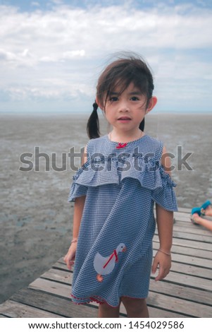 little girl on the bridge in front of sea