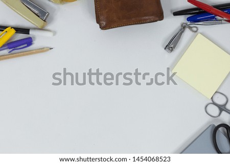 Set of office supplies for work with wood texture background 