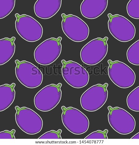 Fresh raw eggplant. Vector concept in doodle and sketch style. Hand drawn illustration for printing on T-shirts, postcards. Seamless pattern for textile, paper wrap. Texture background.
