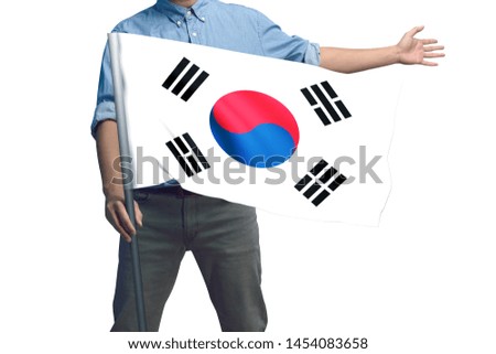Young man holding South Korea Flag in White Background, Flag of South Korea