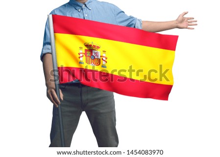 Young man holding Spain Flag in White Background, Flag of Spain