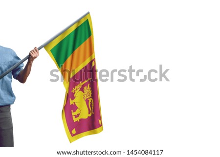 Young man holding Sri Lanka Flag in White Background, Flag of Sri Lanka