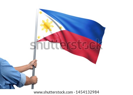 Young man holding Philippines Flag in White Background, Flag of Philippines