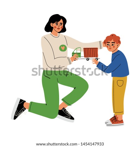Female Volunteer Giving a Boy Toy Car, Volunteering, Charity and Supporting People Vector Illustration