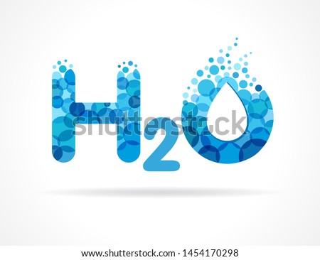 Chemical formula h2o with water drops in letters. H2O mineral natural water vector icon design. Blue wave logo with aqua bubbles splash  Royalty-Free Stock Photo #1454170298