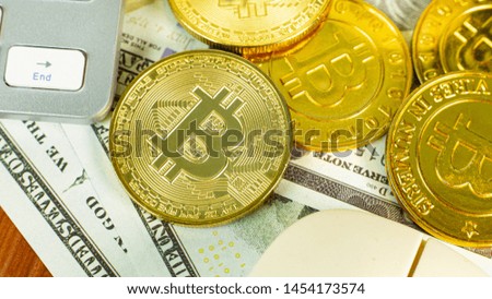 Bitcoin currency on office table for business content.