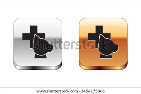 Black Veterinary clinic symbol icon isolated on white background. Cross with dog veterinary care. Pet First Aid sign. Silver-gold square button. Vector Illustration