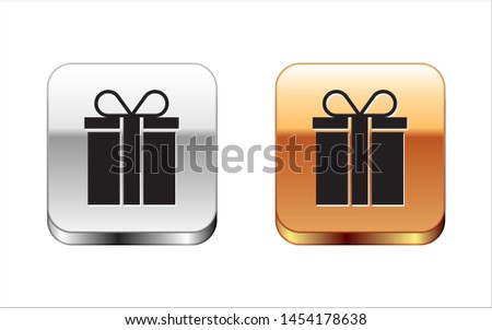 Black Gift box icon isolated on white background. Silver-gold square button. Vector Illustration