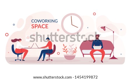 Banner Advertising Modern Coworking Space. Cartoon People Freelancers Characters Sit at Table or on Sofa Typing Laptop. Creative Open Space Office. Shared Working Environment. Vector Illustration