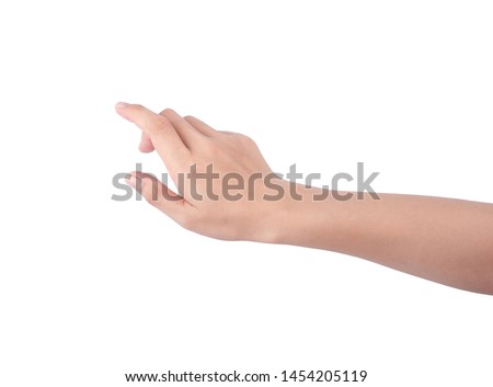 Woman hand touching screen Isolated on white background Royalty-Free Stock Photo #1454205119