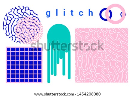 Universal Modern Geometric Shapes Set in Pastel colors. Chaotic Glitch Art composition with Vector abstract design elements for web banner, posters, covers, backgrounds. Vaporwave/ neo-memphis style.