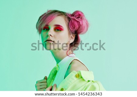 retro fashion woman with pink hair makeup portrait