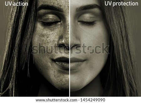 A split screen showing the results of sun rays on the soft face of a girl in her early twenties. After effects of skin with and without UV protection. Royalty-Free Stock Photo #1454249090