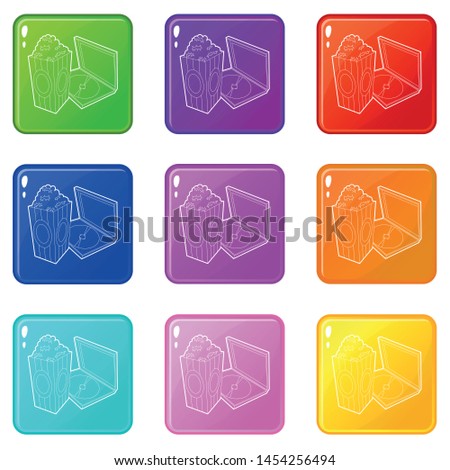 Big popcorn icons set 9 color collection isolated on white for any design