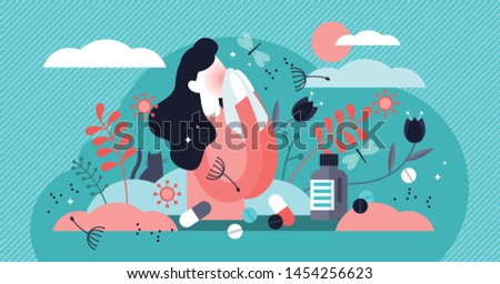 Allergy vector illustration. Flat tiny anaphylaxis person concept. Illness with cough, cold and sneeze symptoms. Allergen drugs, food and air reaction. Pharmacy therapy and tissue help. Royalty-Free Stock Photo #1454256623