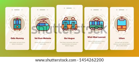 Tramway, Urban Transport Onboarding Mobile App Page Screen. Tramway, Eco-Friendly Vehicle Linear Illustrations. Funicular, Cable Wagon, Subway Passenger Transportation.