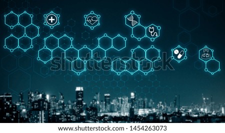 Digital medical hexagons on blurry night city sky background. Medicine and science concept. Double exposure