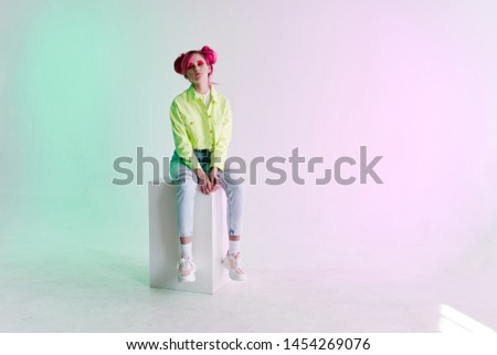 woman with pink hair fashion retro neon style